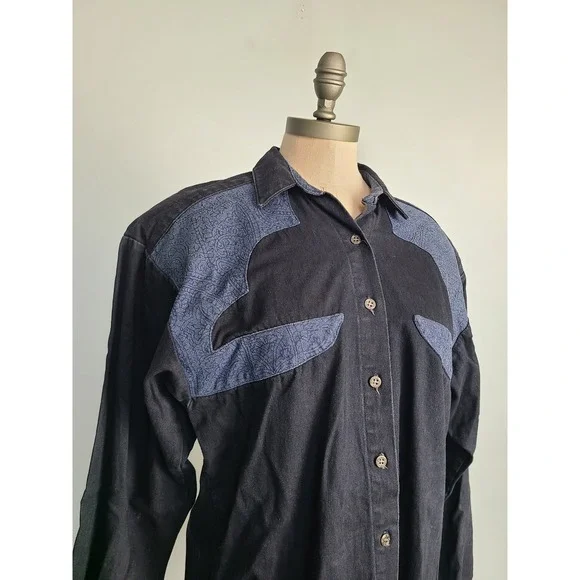 VTG Rocky Mountain Rockies Sz S Denim Top Western Paisley Blue Black Rodeo - Picture 3 of 6